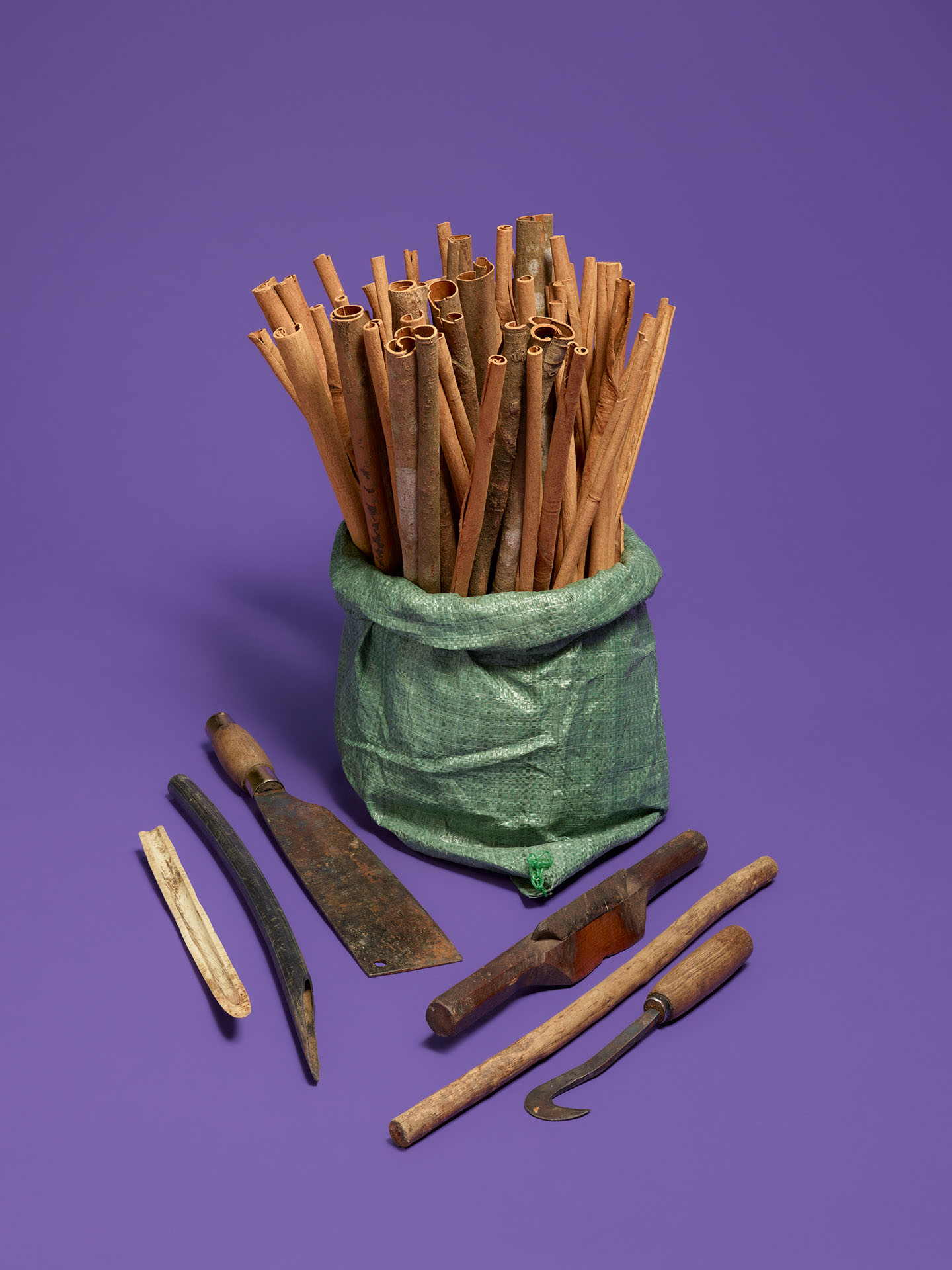 Cassia cinnamon sticks with tools
