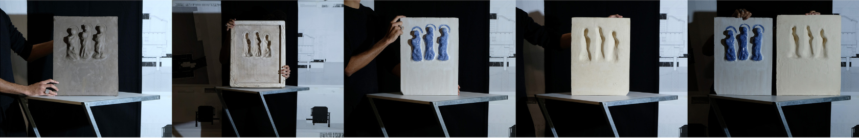 Mehrere Fotos von einer Ofenkachel mit drei Figuren.